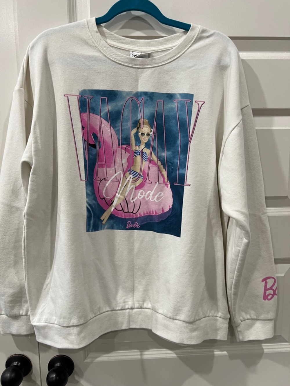 XXL Barbie White 'Vacay' Graphic Crewneck Sweatshirt with Pink Flamingo
